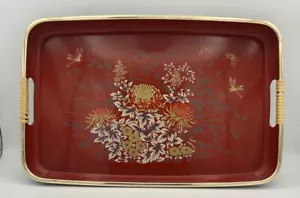 Vintage Toyo Japanisch Rot Lack 16x11 Serviertablett Set Blumen & Libellen - Bild 1 von 8