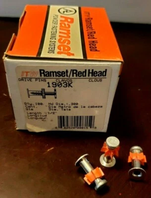 4 Cajas de 100 RAMSET 1903K - 1/2" PASADORES DE ACCIONAMIENTO DE HORMIGÓN Cabeza Roja SUJETADORES DE POLVO Foto 1 de 4