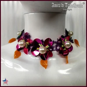 choker jewelry woman vintage necklace collier handmade flowers crystal purple - Picture 1 of 24