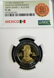 2010 MEXICO 5 PESOS 5P MEXICAN INDEPENDENCE IGNACIO ALLENDE NGC PL 68 TOP POP  - Picture 1 of 3