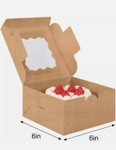 CAKE Bakery BOX Kraft Window SQUARE CARDBOARD CUP 6x6x2.5in 25pcs Brown - Picture 1 of 12