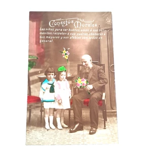 Antigua postal española tintada a mano RPPC consejos éticos morales para niños - Imagen 1 de 5