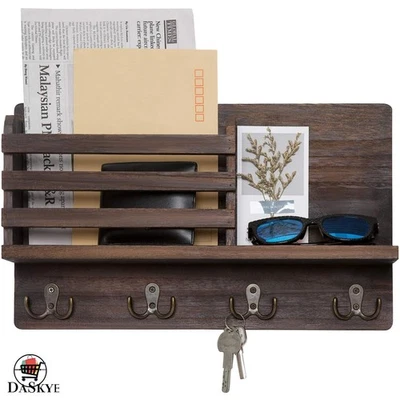 Настенный деревянный держатель для ключей ручной работы с 4 двойными крючками и плавающей полкой - Изображение 1 из 4