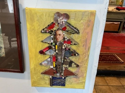 Mixed Media Assemblage Christmas Tree Canvas Picture. Handmade. Wall Art - Image 1 of 4