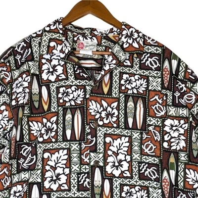 Camisa de campamento hawaiana Hilo Hattie XL marrón tabla de surf floral botón de hibisco Foto 1 de 4