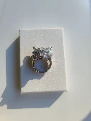 Anillo Pantera Cóctel Diseñador XL Tono Plateado Imitación Ojos Esmeralda Talla 9 Foto 1 de 4