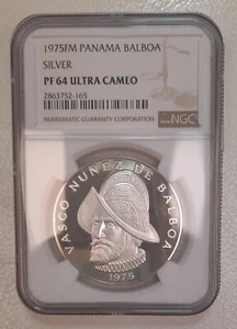 1975 FM PANAMA  SILVER 1 BALBOA  -- NGC PF 64 ULTRA CAMEO PROOF - Picture 1 of 2