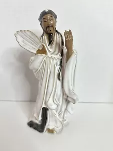 9" Chinese White Porcelain Pottery Famous Zhuge Liang Kong Ming Hold Fan Statue - Picture 1 of 6