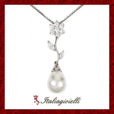 Principesca Collana Brillante Perla in Argento 925 Rodiato Oro Bianco - Immagine 1 di 4