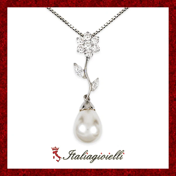 Principesca Collana Brillante Perla in Argento 925 Rodiato Oro Bianco - Immagine 1 di 4