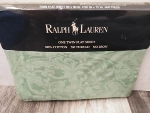VTG Ra.lph Lauren Avery Green Damask Print, One Twin flat sheet MADE IN U.S.A. - Picture 1 of 8