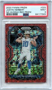 2020 Panini Prizm Justin Herbert No Huddle Red Prizm 9/50 PSA 9 Rookie RC