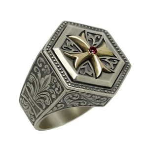 Knight Templar Silver 925 and 10K Gold Cross Men Ring Hand engraved Fleur de Lis - Picture 1 of 12