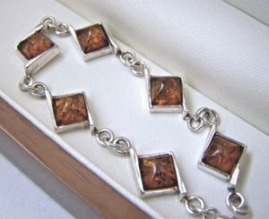 GORGEOUS MODERNIST SOLID 925 STERLING SILVER HONEY COGNAC AMBER BRACELET 7" 18CM - Picture 1 of 8