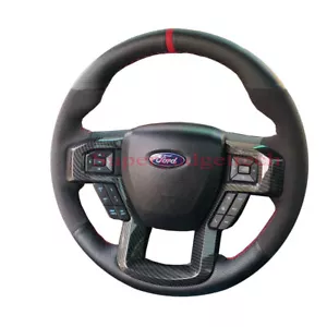 Black&Suede Leather Steering Wheel Red Stitch Wrap Cover For Ford F-150 Raptor - Picture 1 of 10
