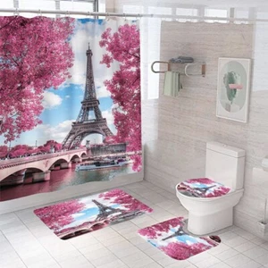 Eiffel Bathroom Rug Set Shower Curtain Thick Bath Mat Non-Slip Toilet Lid Cover - Picture 1 of 11