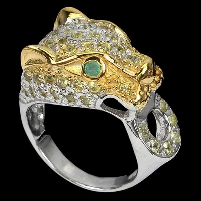 Anillo de plata de ley 925 redondo zafiro esmeralda tigre piedras preciosas joyería talla 8 Foto 1 de 4