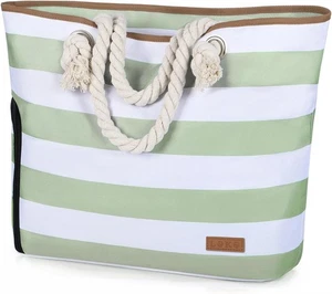 Wasserdichte Strandtasche Schultertasche mit Reißverschluss & Tasche - grün gestreift - neu - Bild 1 von 6