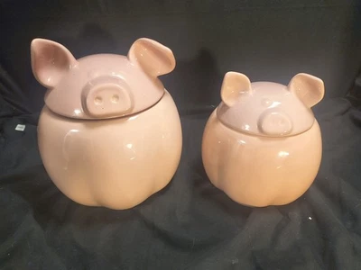 Pair Of 9" And 7" Delightful Home Essentials Barnyard Pink Pig  Canisters - Image 1 of 4