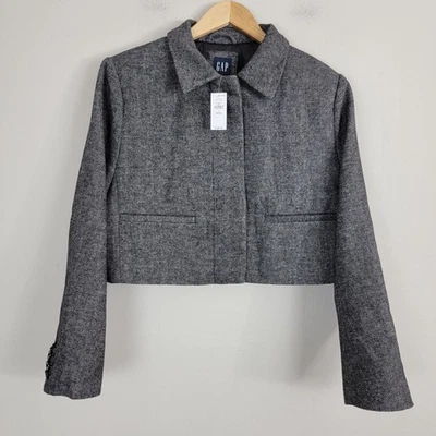 Gap Wool Blend Lady Jacket Cropped Gray Herringbone Womens L Hidden Buttons. - Image 1 of 4