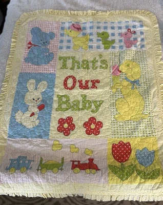 Manta acolchada ligera hecha a mano Thats Our Baby de colección animales tren guinga Foto 1 de 4