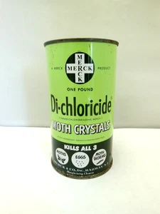 VINTAGE 1950's NOS UNUSED MERCK DI-CHLORICIDE MOTH CRYSTALS TIN CAN - Picture 1 of 7