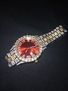 FREE SHIPPING Two Tone Red CZ Diamond Watch. Tells Time and Date and Works Great