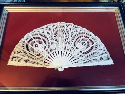 Antique LACE Fan FRAMED under glass #2 WOOD SHADOW BOX - Image 1 of 4