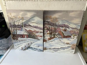 2 Vintage 12” x 16” Oil Paintings New England Mountains Town Landscape F Sias - Picture 1 of 9