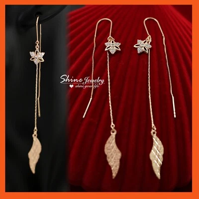 Snowflake Leaf Tassel Dangle 18K Rose Gold Filled Long Chain Threader Earrings Foto 1 de 4