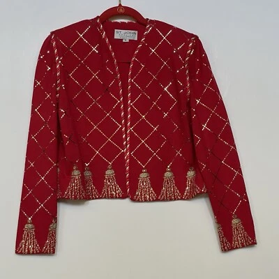 Cárdigan St John Evening By Marie Gris Talla 6 Rojo Dorado Estampado Borla Defectos Brillantes Foto 1 de 4