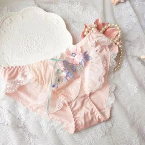 Women Embroidery Underwear Milk Silky Mid-waist Triangle Panties Flower Knickers - Picture 1 of 19