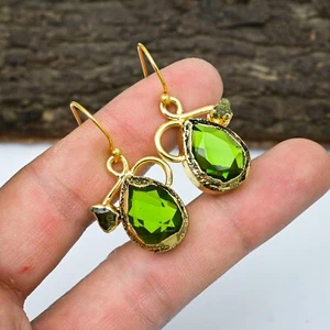 18k Gold Plated Peridot Gemstone 925 Silver Electroforming Earring Jewelry Gift - Picture 1 of 4