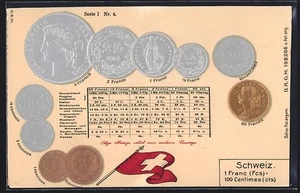 Präge-AK Schweiz, Münz-Geld, Währungsumrechnungstabelle und Nationalflagge - Bild 1 von 2