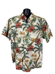 Men's Aloha Shirt XL Hawaiian Hibiscus Palm Trees Palmera Flowers Button Up Nice - Picture 1 of 16