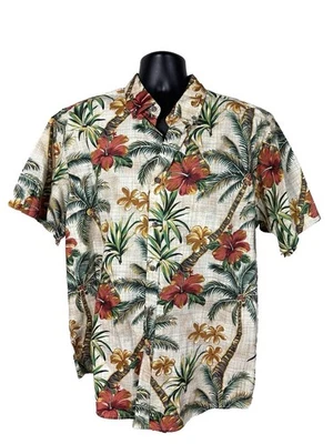 Men's Aloha Shirt XL Hawaiian Hibiscus Palm Trees Palmera Flowers Button Up Nice - Image 1 of 4