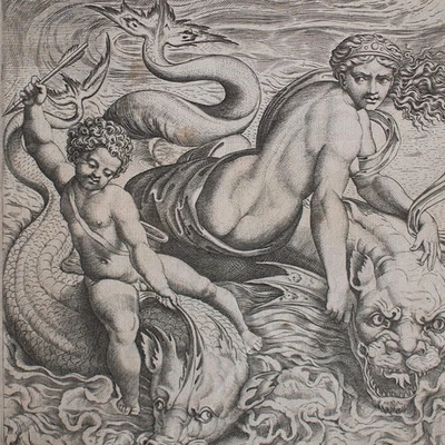 Raffael nach Amor und Venus auf Delphinen Altmeister Paluzzi Kupfertsich um 1520 - Bild 1 von 4
