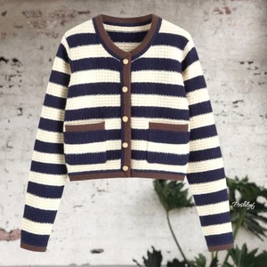 Cider Strick Rundhals gestreift Kontrast Bindung Tasche Cropped Cardigan Small - Bild 1 von 11
