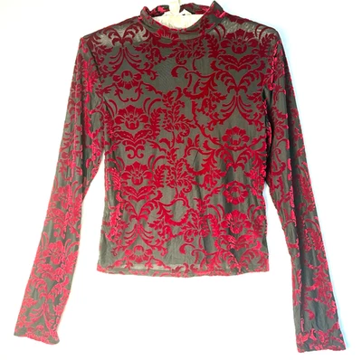 BKE Buckle M Top Sheer Black Red Burnout Whimsigoth Fairy Grunge Long Sleeve - Image 1 of 4