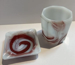 Taza y cenicero vintage Akro ágata sangre de buey remolino escoria vidrio 2,75" - Imagen 1 de 16