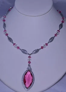 ANTIQUE ART DECO FILIGREE HUGE MARQUISE PINK GLASS NECKLACE WITH STERLING CLASP - Picture 1 of 6