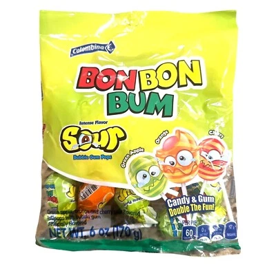 Colombina Bon Bon Bum Sour Assorted Lollipops Bubble Gum Center 6 Oz Bag 10 Pops - Image 1 of 2