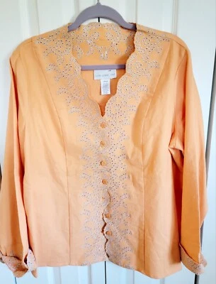 Chaqueta Blazer Susan Graver L Mujer Melocotón con Ojales Plateados Mezcla de Lino De Colección Foto 1 de 4