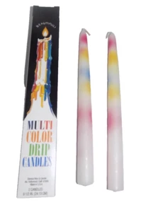 2-pk White Multi-Color DRIPPING TAPER CANDLES 3/4" x 9-1/2" long - Picture 1 of 5