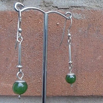 Vintage Sterlingsilber & Grüner Chalcedon Tropfen Ohrringe - Haken - Bild 1 von 4