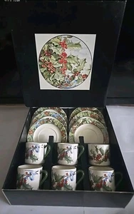 Le Houx France Gien Holly Berries & Blue Ribbon Coffee Cups & Saucers 12pc Set - Picture 1 of 11
