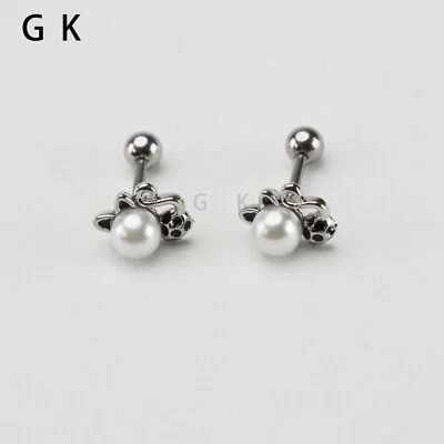 2Pcs Stainless Steel Pearl Cut Cat Kitty Ear Stud Earrings Piercing Men Women - Image 1 of 4