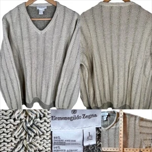 ERMENEGILDO ZEGNA XL Whipstitch Cotton Knit V-Neck Sweater Italy Linen Luxe 1XL - Picture 1 of 24
