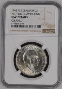 1945 DENMARK King Christian X Silver 2 Kroner 75th BIRTHDAY Coin NGC UNC Details - Picture 1 of 3
