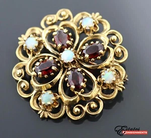 Vintage Opals & Garnet Pendant Necklace, brooch 14k Gold - Picture 1 of 7